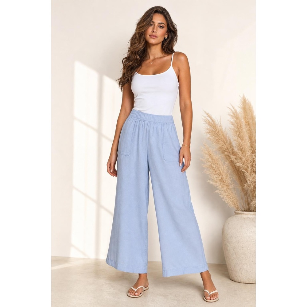 Sigrid Olsen Linen Wide Leg Pants Womens M Blue Coastal Minimalist Boho Pull On